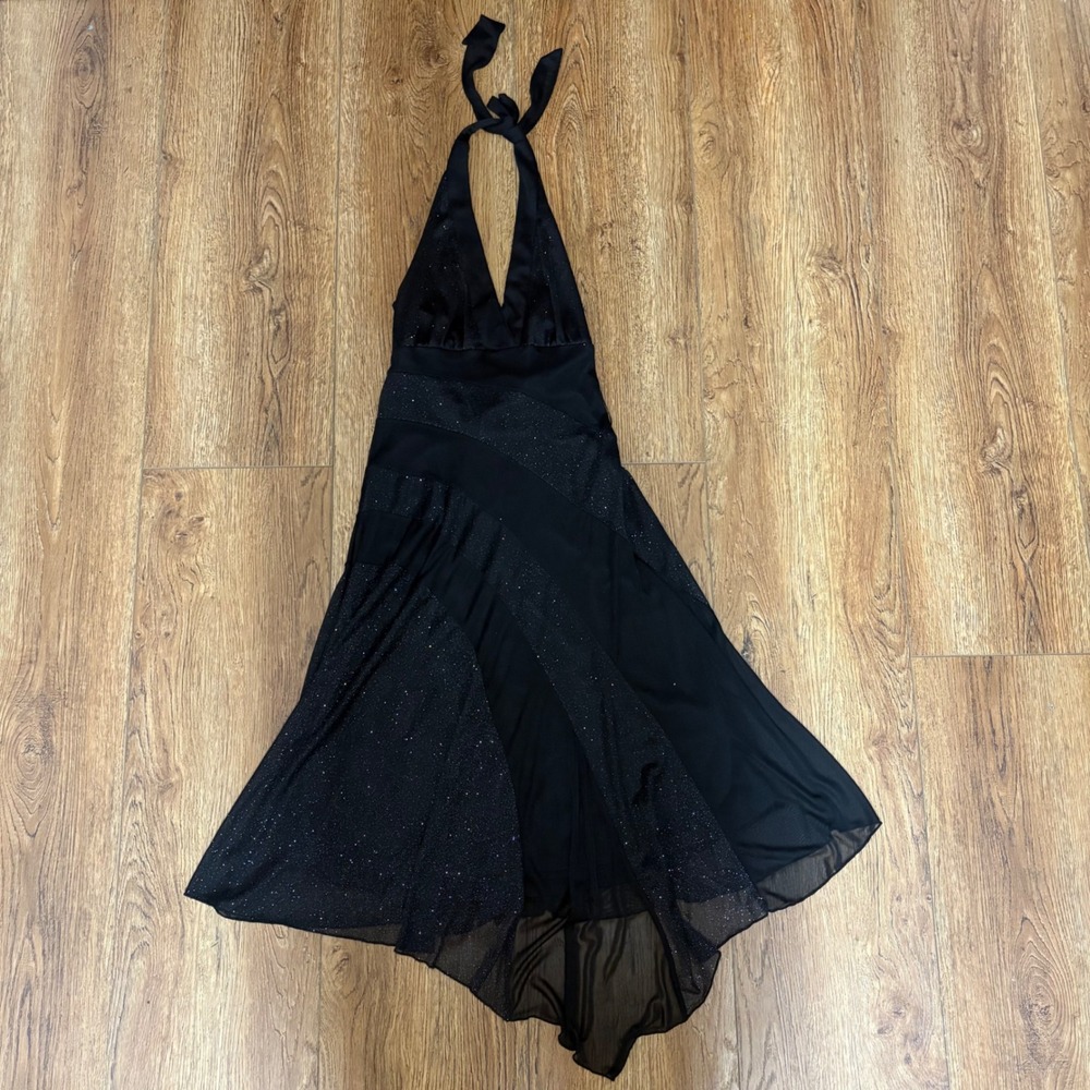 Y2K A Byer Black Glitter Halter Cocktail Dress Womens M Whimsygoth Fairy Sparkle
